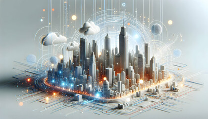 Obraz premium 3D Abstract cityscape with digital data streams and bokeh effect space for copy on the side. concept as Modern city skyline blended with flowing digital data streams and bokeh lights; symbolizes urban