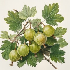 A beautifully vibrant watercolor depicting fresh gooseberries, ideal for ecobranding, food blogs, and more