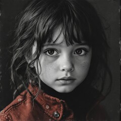 compelling black and white portrait captures young child with striking dark eyes and gentle freckles wearing red collared jacket