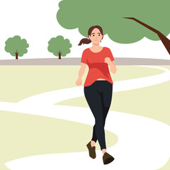 Young woman running in park. Flat vector illustration isolated on white background