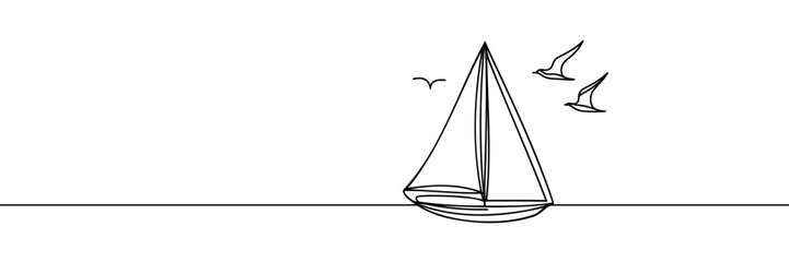 Continuous line drawing of yacht. Abstract sailing vessel silhouette. Template for your design works. Vector illustration