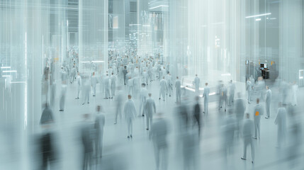 Obraz premium A bustling futuristic scene filled with people in white attire, creating sense of innovation and technology. atmosphere is vibrant and dynamic, showcasing modern environment