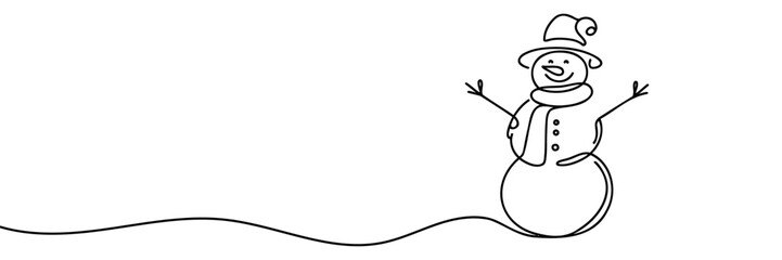 Single drawing with a continuous line on a white background. Cute snowman in a hat.