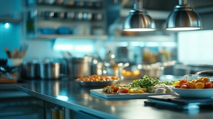 Fresh ingredients arranged in a modern kitchen during meal preparation in the evening