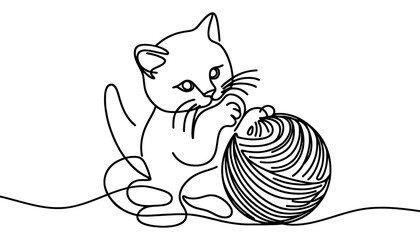 Little kitty play with ball. One line continuous pet banner concept. Line art, outline, minimal vector illustration