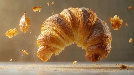 Freshly Baked Croissant Breaking Apart in Air
