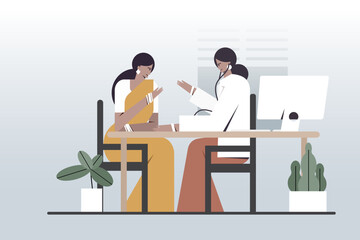 Illustration of an Indian doctor examining a woman patient