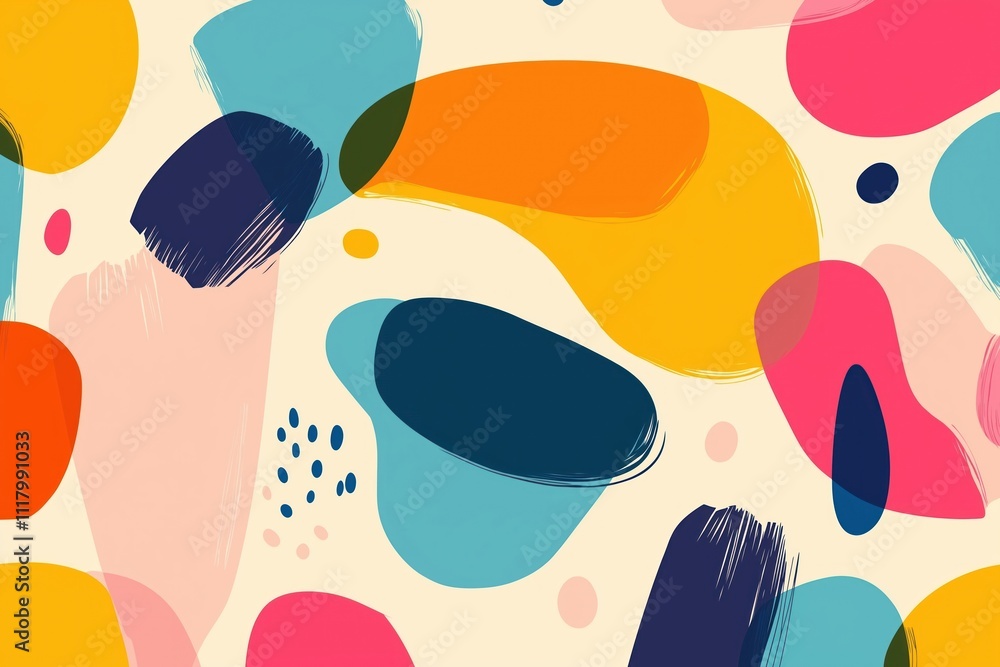 Poster colorful abstract shapes create fun seamless pattern. bright colors, simple shapes make joyful backg
