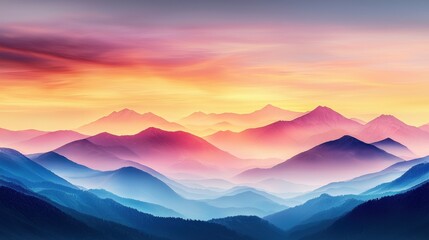 Obraz premium A breathtaking view of layered mountains at sunset, showcasing vibrant hues of pink, purple, and blue against a serene sky.