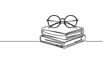 Book with glasses. Continuous line drawing. One single line art. Vector illustration isolated. Minimalist design handdrawn.