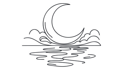 Continuous one line drawing. moon and sea, Vector illustration.