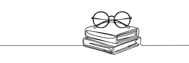 Book with glasses. Continuous line drawing. One single line art. Vector illustration isolated. Minimalist design handdrawn.