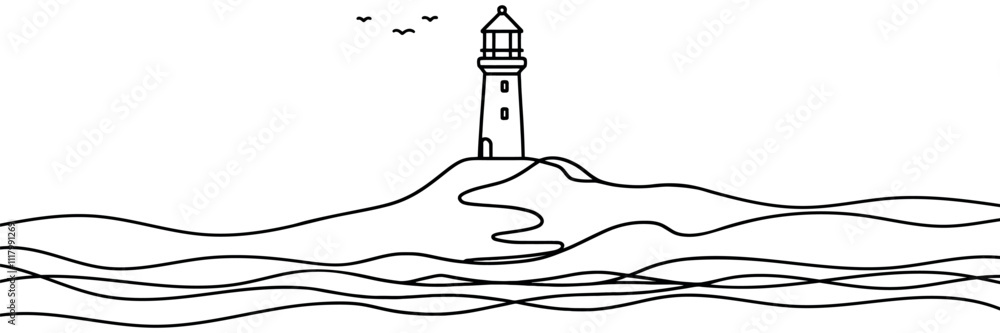 Poster continuous one simple line drawing of a lighthouse