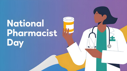 National Pharmacist Day Concept Banner with Pharmacy Symbols and Health Care Elements.pharmacist, pharmacy,pharmacy day, chemist, pharmaceutical.