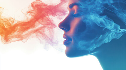 Artistic profile of a woman immersed in swirling colorful smoke, blending shades of red and blue in a serene and mystical atmosphere.