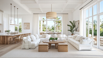 A bright and airy living room features spacious white sectional sofa, natural wood accents, and large windows that invite sunlight and views of lush greenery. decor exudes relaxed, coastal vibe