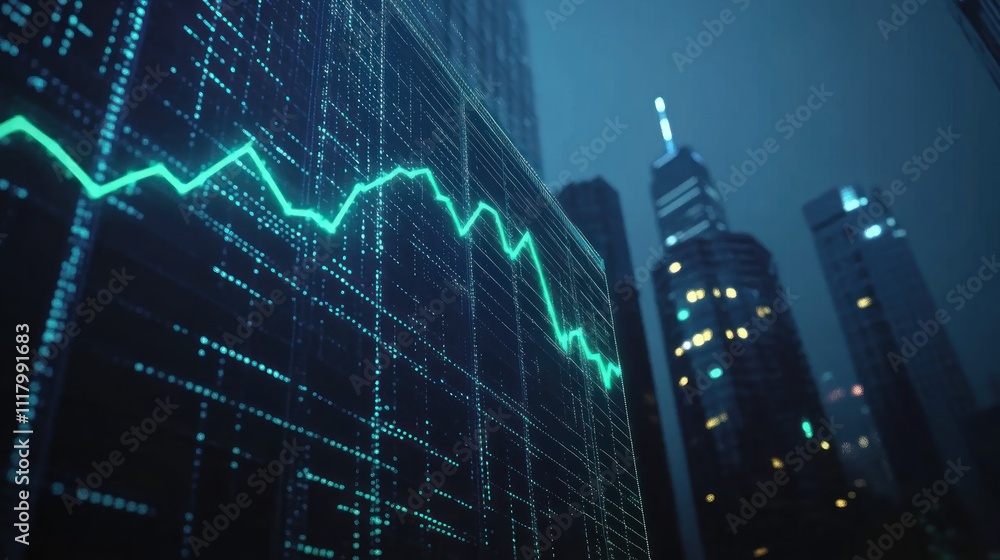 Poster here's a possible and keyword list for your stock photo.. night cityscape with fluctuating stock mar