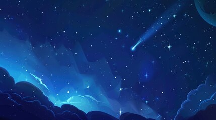 Fototapeta premium Panoramic blue night sky with milky way and stars on dark background. Fill the universe, nebulae and galaxies with noise and particles. Dark night sky.