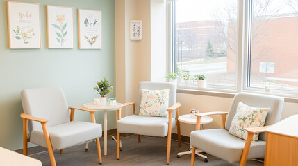 A cozy waiting area featuring light colored chairs, decorative plants, and framed botanical art on walls, creating serene and inviting atmosphere