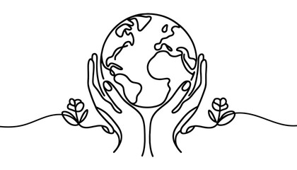 Continuous line drawing of hands holding Earth globe. Vector illustration isolated on white background.