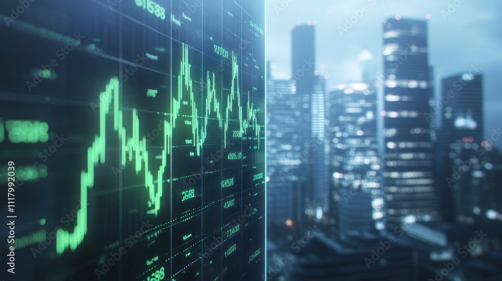 Poster here's a and keyword list for your stock photo.. green stock market graph displayed on a digital scr