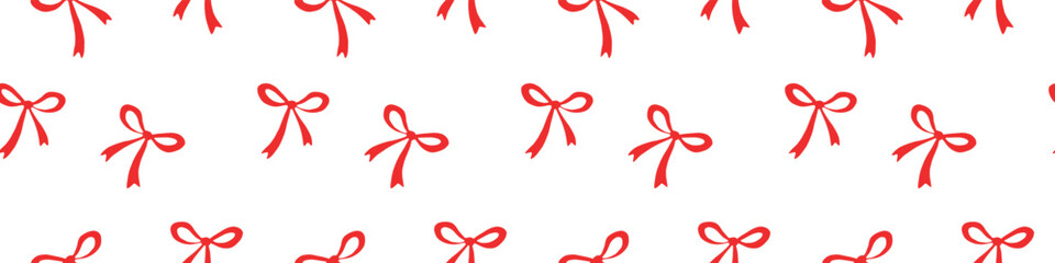 Seamless pattern with small red flat bows, ribbons. Cute fun simple abstract vector background, texture for fabric, wrapping paper, girls design