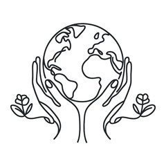 Continuous line drawing of hands holding Earth globe. Vector illustration isolated on white background.