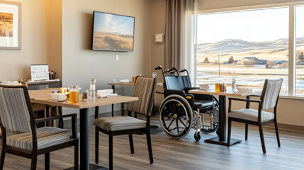 A modern dining area featuring tables set for meal, with wheelchair positioned nearby. large window offers scenic view of rolling hills and fields, creating warm and inviting atmosphere