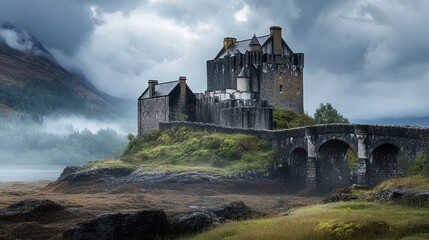 Naklejka premium A majestic castle on a rocky island surrounded by misty mountains and a serene landscape.