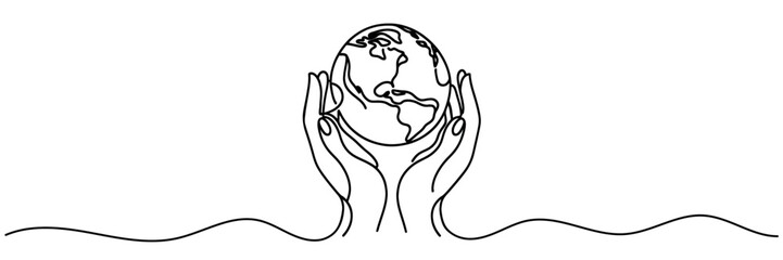 Continuous line drawing of hands holding Earth globe. Vector illustration isolated on white background.