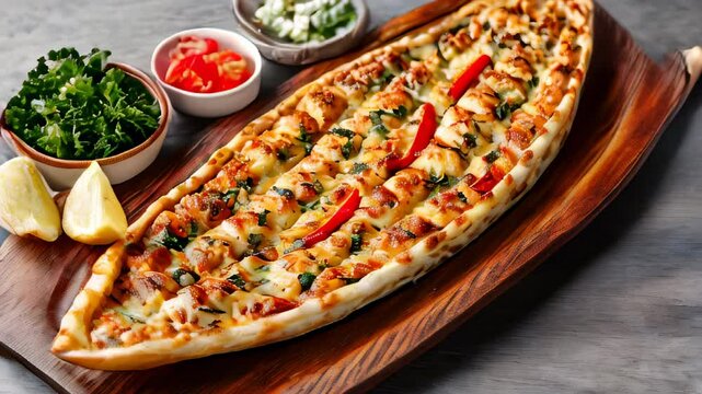 Delicious Turkish pide served with fresh ingredients on a wooden board