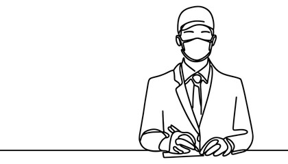 One continuous line illustration of a pharmacist, isolated on white background