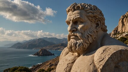Obraz premium Statue of Polyphemus, the Cyclops, with a single eye staring into the distance, holding a massive rock, with a backdrop of rugged mountains and coastline, carvings depicting his wild and solitary natu
