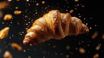 Fresh Golden Croissant Falling in the Air