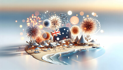 Fototapeta premium 3D Bokeh Australia Day Fireworks Over Beach concept as Bokeh digital art background showcasing blurred fireworks over an Australian beach representing festive celebration and natural beauty with copy 