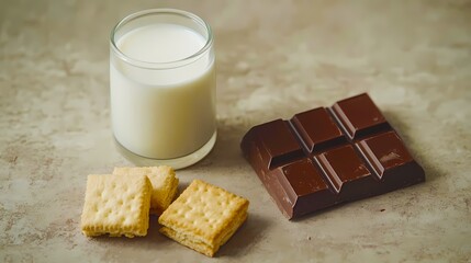 A Glass Of Milk, A Bar Of Chocolate, And A Few Small Biscuits