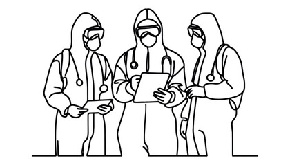 Continuous one line drawing of men in protective suit to protect body from virus and disease. Vector illustration