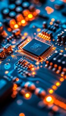 Obraz premium Close-Up of Circuit Board, Modern Technology Background with Lights, Blue Color Scheme