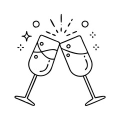 celebration toast icon, new year illustration, new year icon - simple black line art of celebration toast, symbolizing new year celebrations. new year vector.