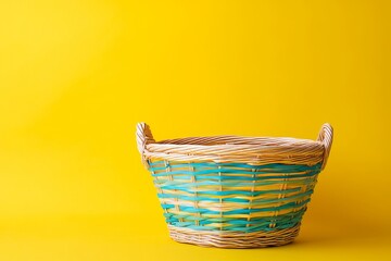 Fototapeta premium Colorful wicker laundry basket on yellow background with space for text award winning photography