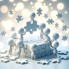 3D Bokeh background with team assembling puzzle pieces copy space above. concept as Team assembling puzzle pieces against a bokeh background symbolizing unity and collaborative effort in team building