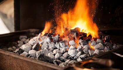 Sparks and flames from a burning charcoal forge