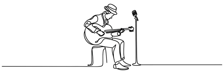 One continuous line drawing of male guitarist playing guitar isolated on white background vector illustration