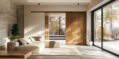 Natural light floods a cozy living room with modern furnishings and a serene winter view