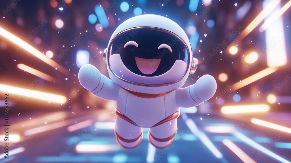 Poster a cheerful cartoon astronaut floating joyfully in a colorful, dynamic space environment.