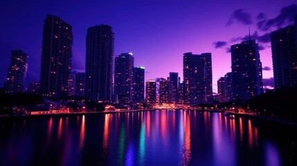 Fototapeta premium A vibrant city skyline at dusk reflecting on a calm water surface.