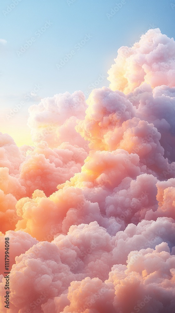 Poster a mesmerizing view of fluffy clouds bathed in soft pastel hues, creating a serene and dreamy atmosph