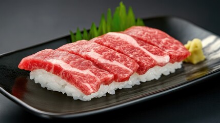 Luxurious Wagyu Sushi on a Black Plate