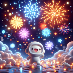 3D Bokeh digital art of fireworks exploding in the night sky copy space above. concept as Stunning bokeh digital art of vibrant fireworks exploding against the night sky symbolizing grand celebrations