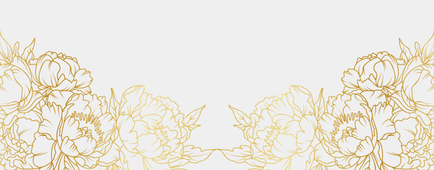 Luxury gold peony flowers background. Floral pattern tropical in line art style for greeting, invitation, wedding card, wall art, wallpaper and print. Vector illustration © abcvector